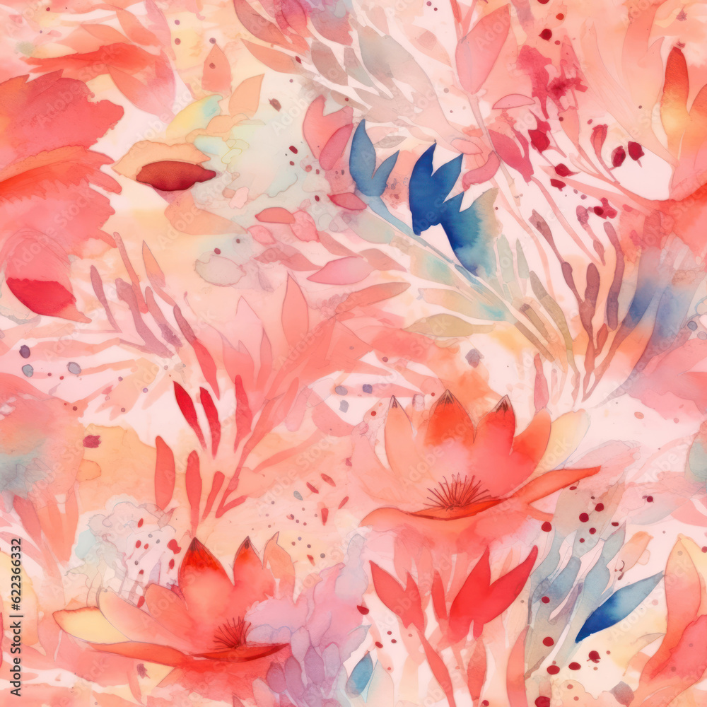 Floral seamless pattern. Watercolor leaves and flowers background.  