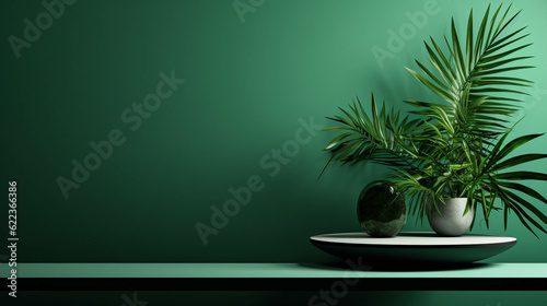 Luminous Green Wall With Green Tropical Plants Landscape. Photorealistic Plants Harmonizing with the Green Wall. Elegant Nature-Inspired Photography. Generative AI