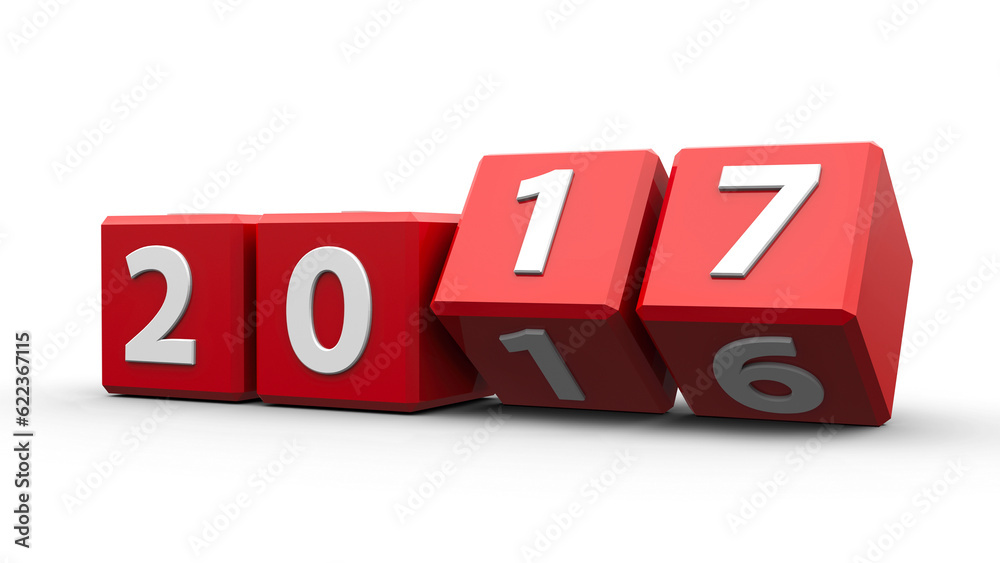 Red cubes with 2016-2017 change on a white table represents the new 2017, three-dimensional rendering, 3D illustration Red cubes with 2016-2017 change on a white table represents the new 2017, three-dimensional rendering, 3D illustration