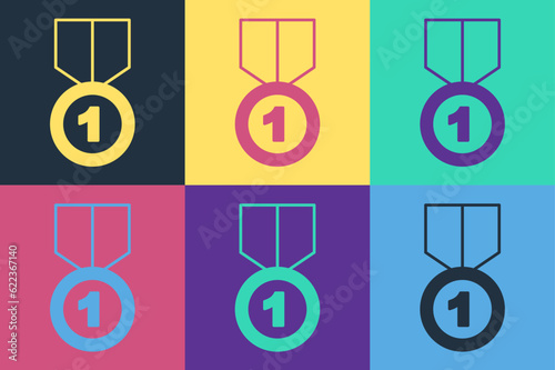 Pop art Gold medal icon isolated on color background. Winner symbol. Vector