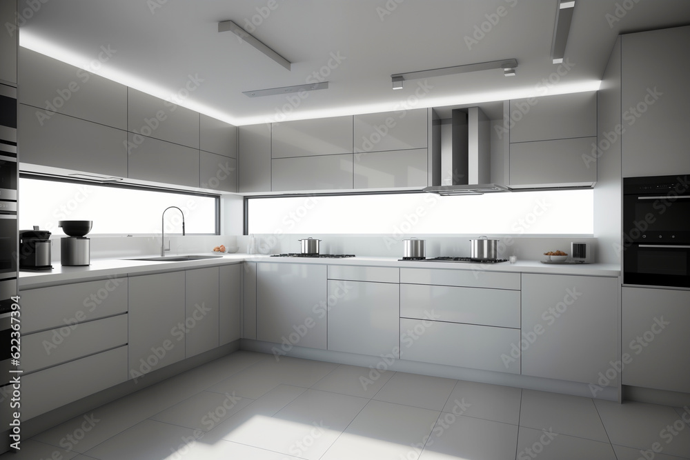 Modern interior of a large kitchen with modular furniture in white color Modern interior of a large kitchen with modular furniture in white color