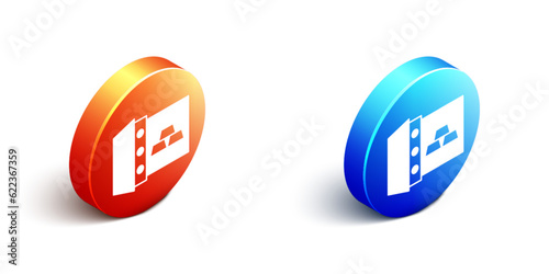 Isometric Safe with gold bars icon isolated on white background. Precious metals on deposit in bank. Metallic treasury. Reliable data protection. Orange and blue circle button. Vector
