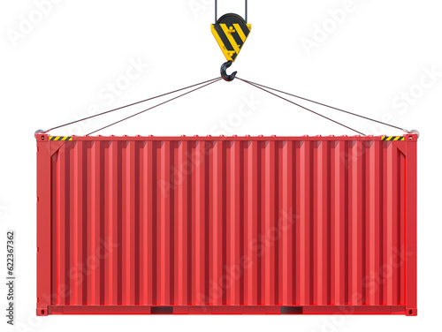 Crane hook lifts metal container. Isolated on white background. 3D rendering