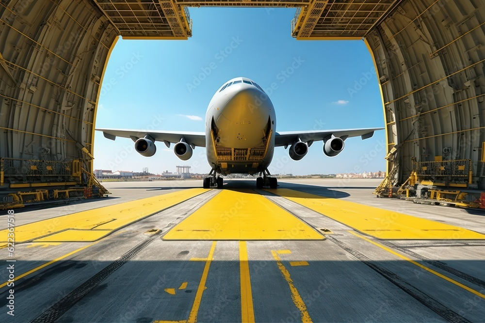 Front view from the ground of a cargo plane at the airport. Loaded