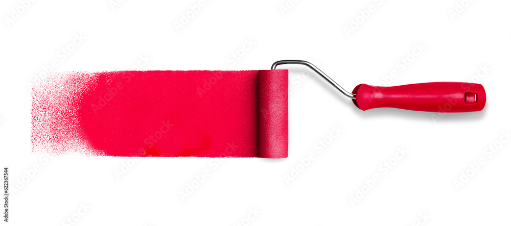 Roller paint tool with long red paint track stroke isolated on white - obrazy, fototapety, plakaty 