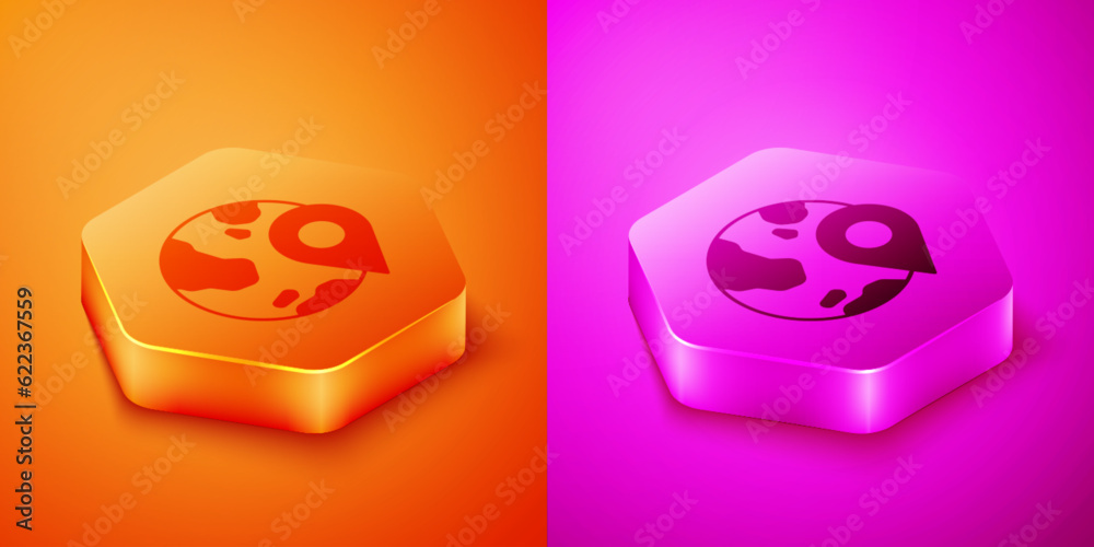 Isometric Location on the globe icon isolated on orange and pink background. World or Earth sign. Hexagon button. Vector Isometric Location on the globe icon isolated on orange and pink background. World or Earth sign. Hexagon button. Vector