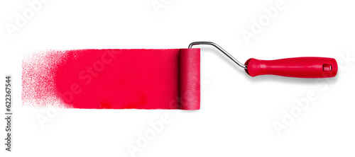 Roller paint tool with long red paint track stroke isolated on white