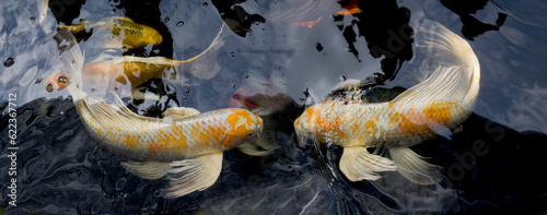 Twins white yellow Yamabuki Hariwake Butterfly Koi fishes swimming to greet each other in beautiful style at carp fish pond. Panorama picture. Sukhothai Thailand.