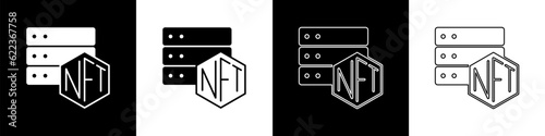 Set NFT blockchain technology icon isolated on black and white background. Non fungible token. Digital crypto art concept. Vector