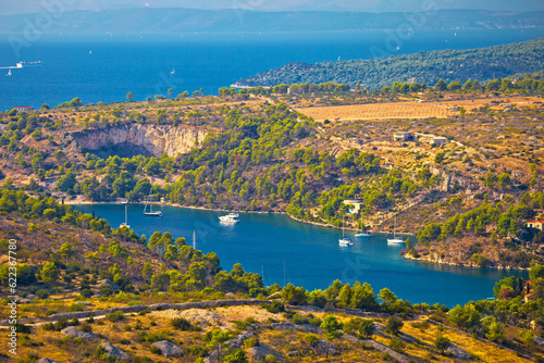 Fototapeta Naklejka Na Ścianę i Meble -  Bobovisca Na Moru village bay aerial view, Island of Brac, Dalmatia, Croatia
