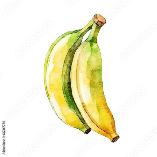 Fresh Organic Banana Fruit Background, Square Watercolor Illustration. Healthy Vegetarian Diet. Ai Generated Soft Colored Watercolor Illustration with Delicious Juicy Banana Fruit. photo