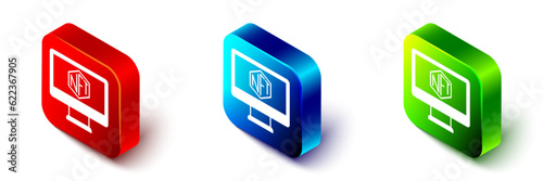 Isometric Monitor with art store app icon isolated on white background. Technology of selling NFT tokens for cryptocurrency. Non fungible token concept. Red, blue and green square button. Vector