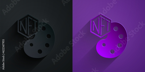 Paper cut NFT Digital crypto art icon isolated on black on purple background. Non fungible token. Paper art style. Vector