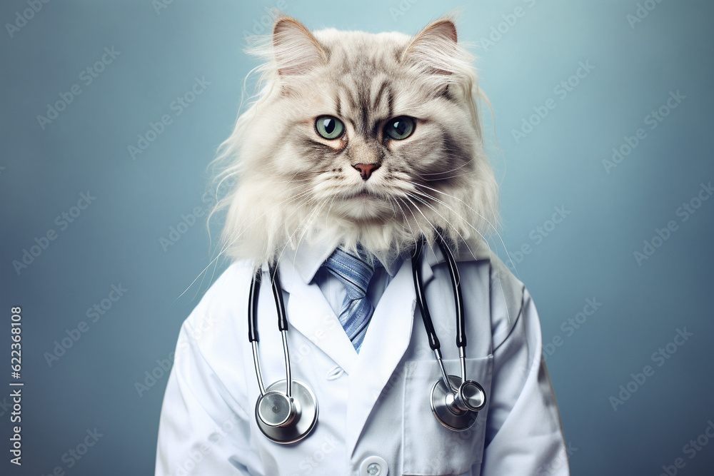 The cat in the white coat is a crazy funny doctor. Abstract illustration. AI generated. The cat in the white coat is a crazy funny doctor. Abstract illustration. AI generated.