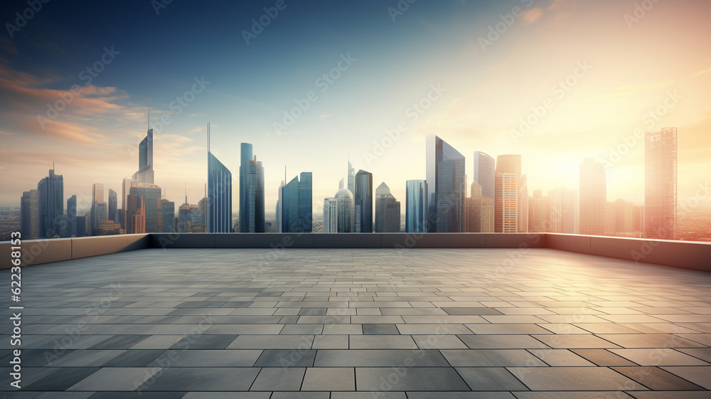 Empty paved area and metropolis city on the horizon. AI generated. Empty paved area and metropolis city on the horizon. AI generated.