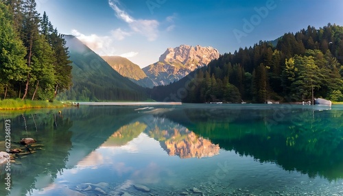 A great view of Calm morning view of Fusine Lake Colorful summer sunrise in the Julian Alps with Mangart © ahmta