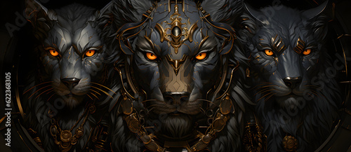 three grey lions with red eyes and gold chains Generated by AI