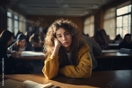 Female student bored sleepy Caucasian woman tired sad stressed girl in class teen pupil teenager lady in university high school college classroom during lesson boredom lecture education study learning