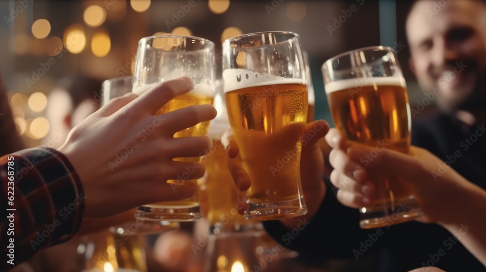 glass of beer in hand, group of happy friends drinking and toasting beer,  generative ai