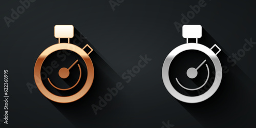 Gold and silver Stopwatch icon isolated on black background. Time timer sign. Chronometer sign. Long shadow style. Vector