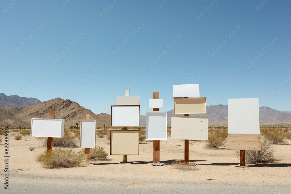 Wooden boards pointers in the desert. Blank board sign. AI generated. Wooden boards pointers in the desert. Blank board sign. AI generated.