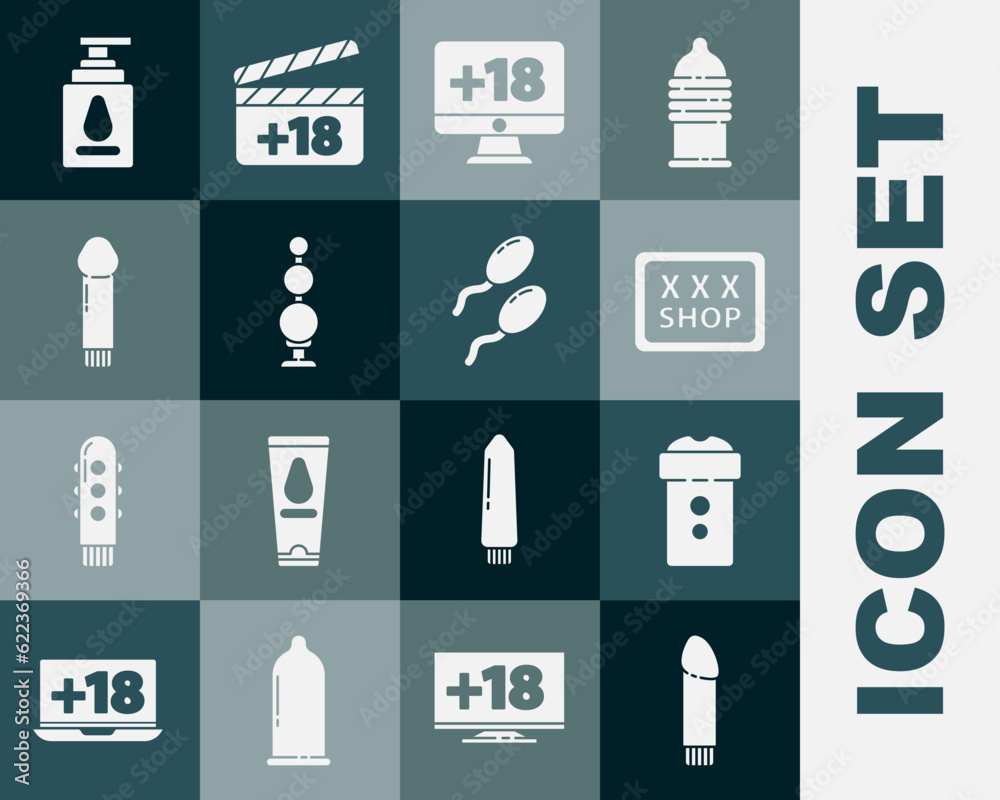Set Dildo vibrator, Vagina masturbator, Sex shop, Monitor with 18 plus content, Anal beads, Personal lubricant and Sperm icon. Vector Set Dildo vibrator, Vagina masturbator, Sex shop, Monitor with 18 plus content, Anal beads, Personal lubricant and Sperm icon. Vector