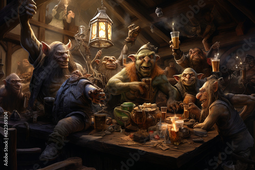 Fairy goblins at a pub party. AI generated.