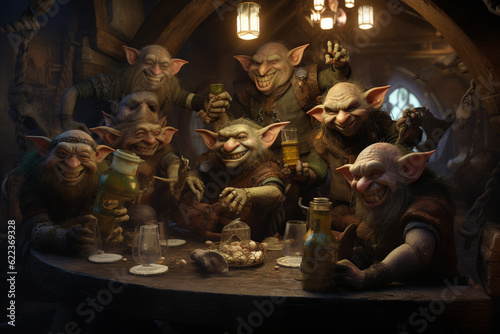 Fairy goblins at a pub party. AI generated.