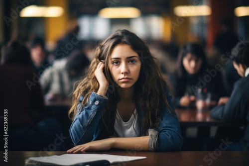 Fotografie, Obraz Female student bored sleepy Caucasian woman tired sad stressed girl in class tee