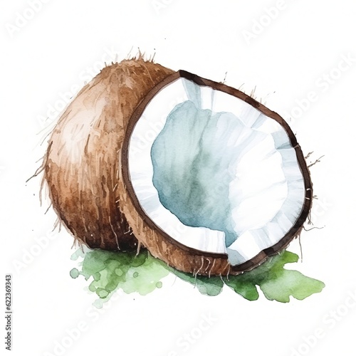 Fresh Organic Coconut Fruit Background, Square Watercolor Illustration. Healthy Vegetarian Diet. Ai Generated Soft Colored Watercolor Illustration with Delicious Juicy Coconut Fruit. photo