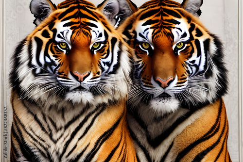 Portrait of two tigers in fashion magazine style. Generative AI