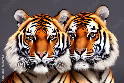 Portrait of two tigers in fashion magazine style. Generative AI