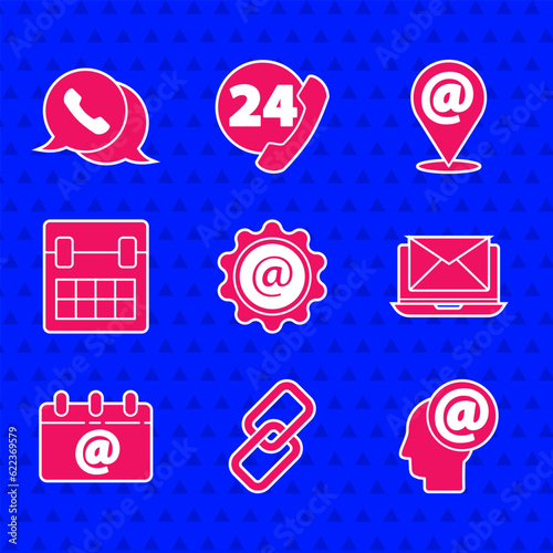 Set Mail and e-mail, Chain link, Laptop with envelope, Calendar email, Location and Telephone speech bubble chat icon. Vector