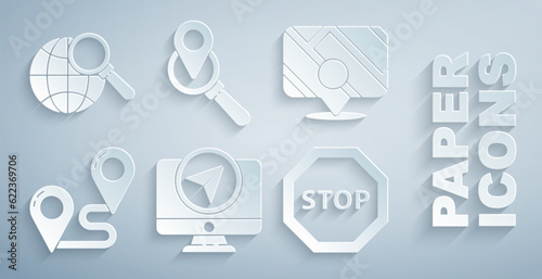 Set Monitor with location marker, Infographic of city map navigation, Route, Stop sign, Search and Magnifying glass globe icon. Vector