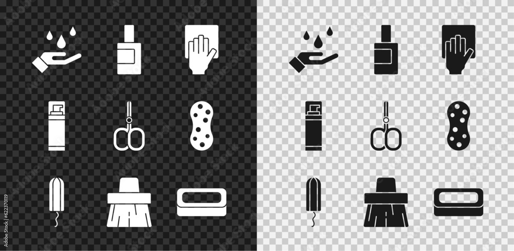 Set Washing hands with soap, Bottle for cleaning agent, Cleaning service, Sanitary tampon, Handle broom, Bar of, Shaving gel foam and Nail scissors icon. Vector