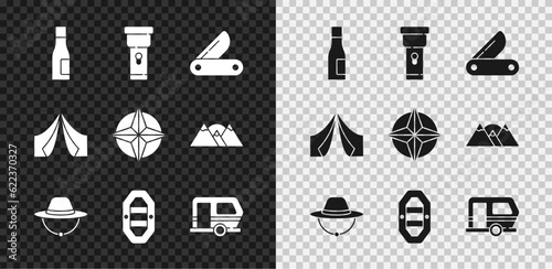 Set Bottle of water, Flashlight, Swiss army knife, Camping hat, Rafting boat, Rv trailer, Tourist tent and Wind rose icon. Vector