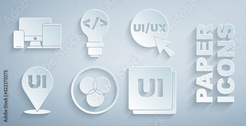 Set RGB and CMYK color mixing, UI UX design, Front end development and Monitor, mobile, tablet icon. Vector