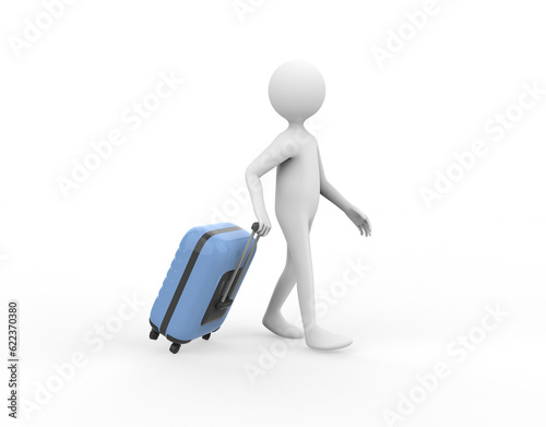 3D illustration of a cartoon man holding a travel trolley bag