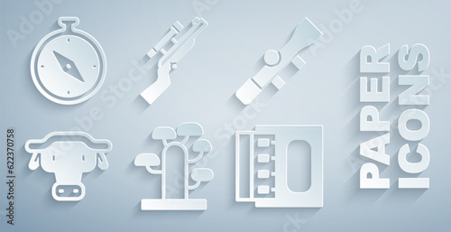 Set African tree, Sniper optical sight, buffalo head, Matchbox and matches, rifle with scope and Compass icon. Vector