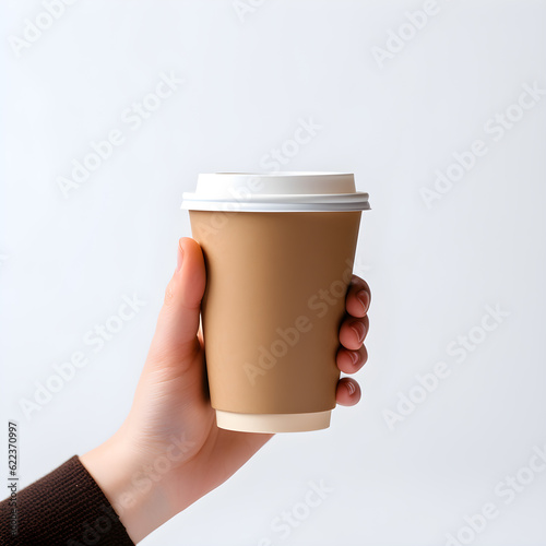 hand holding a Coffee paper cup isolated on white background.