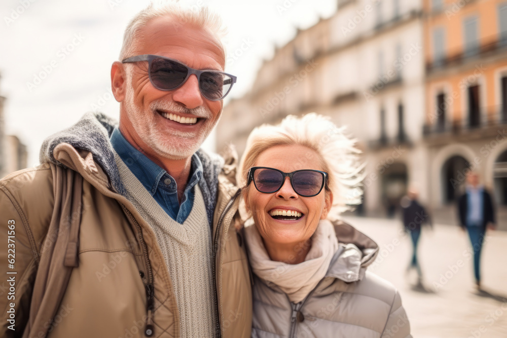 Happy older couple having fun walking outdoors in city. Retired people enjoying a sightseeing walk on street in spring. Mature couple relationships and vacations of pensioners. Generative AI Happy older couple having fun walking outdoors in city. Retired people enjoying a sightseeing walk on street in spring. Mature couple relationships and vacations of pensioners. Generative AI