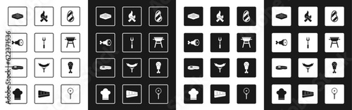 Set Steak meat, Barbecue fork, Chicken leg, grill, Campfire, and icon. Vector