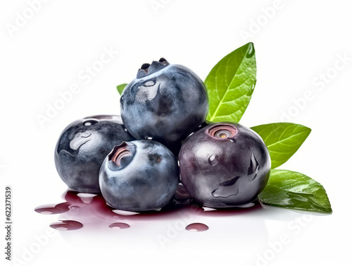 Blueberries with leaves isolated on white background. Generative ai