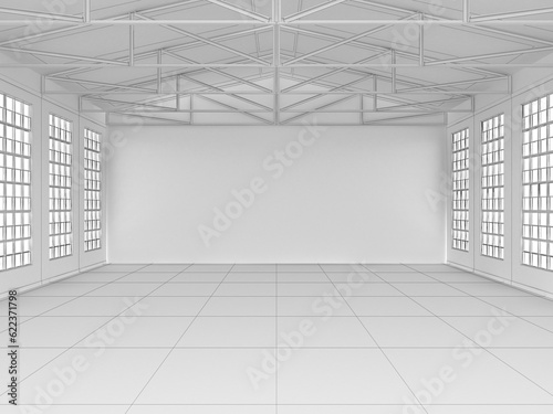 Big hall with windows on walls and ceiling. 3D rendering