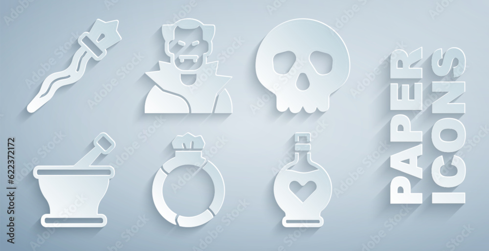 Set Magic stone ring with gem, Skull, Mortar and pestle, Bottle love potion, Vampire and staff icon. Vector Set Magic stone ring with gem, Skull, Mortar and pestle, Bottle love potion, Vampire and staff icon. Vector