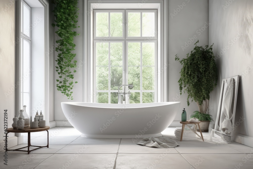 Beautiful bathtub, bathroom fixtures, a towel, a plant, a ladder, and roses are all included in this pleasant, white bathroom. minimal style. background of a bathroom Mockup. Generative AI Beautiful bathtub, bathroom fixtures, a towel, a plant, a ladder, and roses are all included in this pleasant, white bathroom. minimal style. background of a bathroom Mockup. Generative AI