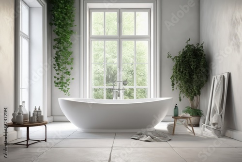 Beautiful bathtub, bathroom fixtures, a towel, a plant, a ladder, and roses are all included in this pleasant, white bathroom. minimal style. background of a bathroom Mockup. Generative AI © Vusal