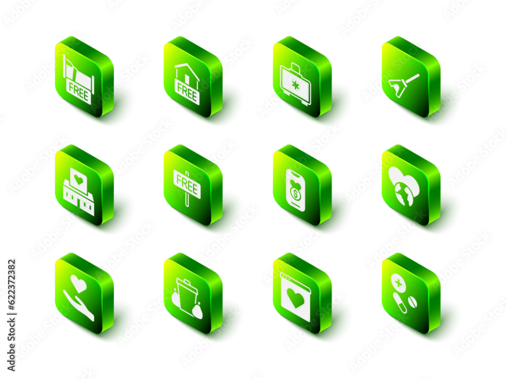 Set Free home delivery, First aid kit, Mop, The heart world - love, Medicine pill tablet, Donation and charity, Dating app online and Trash can icon. Vector Set Free home delivery, First aid kit, Mop, The heart world - love, Medicine pill tablet, Donation and charity, Dating app online and Trash can icon. Vector
