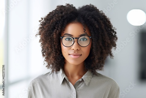 African corporate woman in suit with glasses standing and looking forward with confident, blur office background, created with Generative Ai Technology