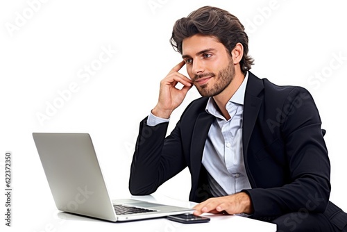 A man sitting at a desk with a laptop computer, isolated on white background, created with Generative Ai Technology © pham